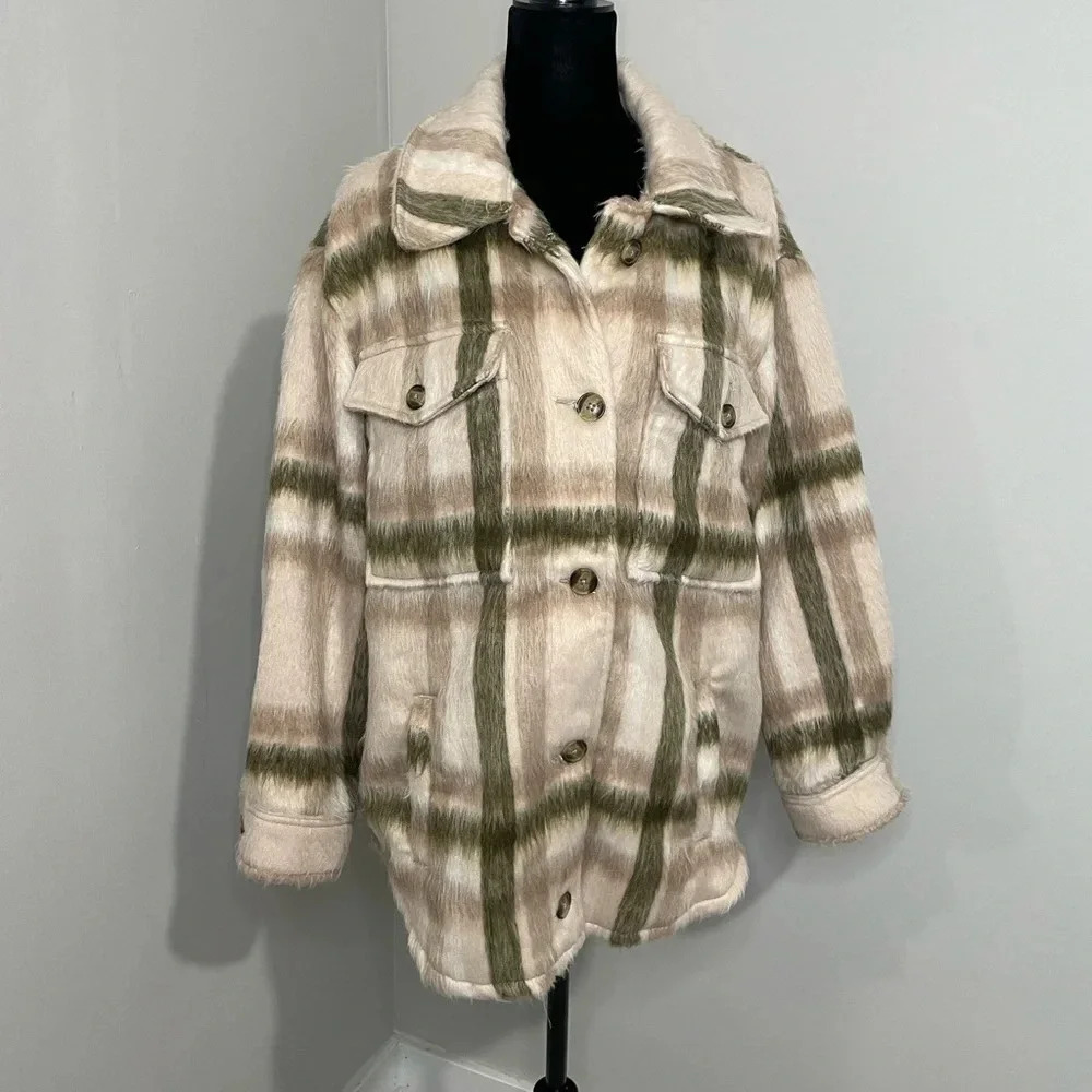 American Eagle Faux Fur Plaid Fall Jacket